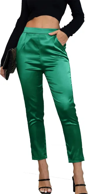 Women's Party Pants Shiny Sequin Club Dress Casual Slacks Elastic High Waist Satin Silky Trouser