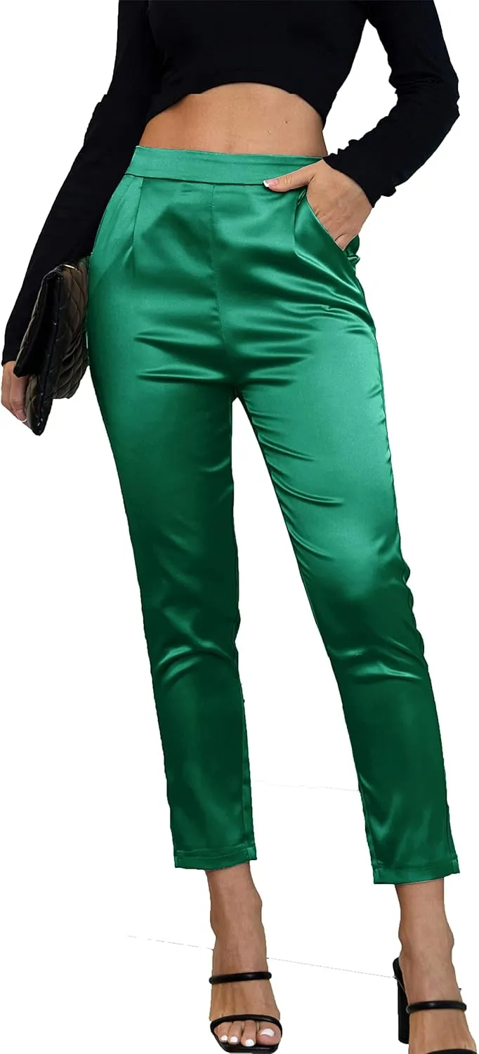 Women's Party Pants Shiny Sequin Club Dress Casual Slacks Elastic High Waist Satin Silky Trouser