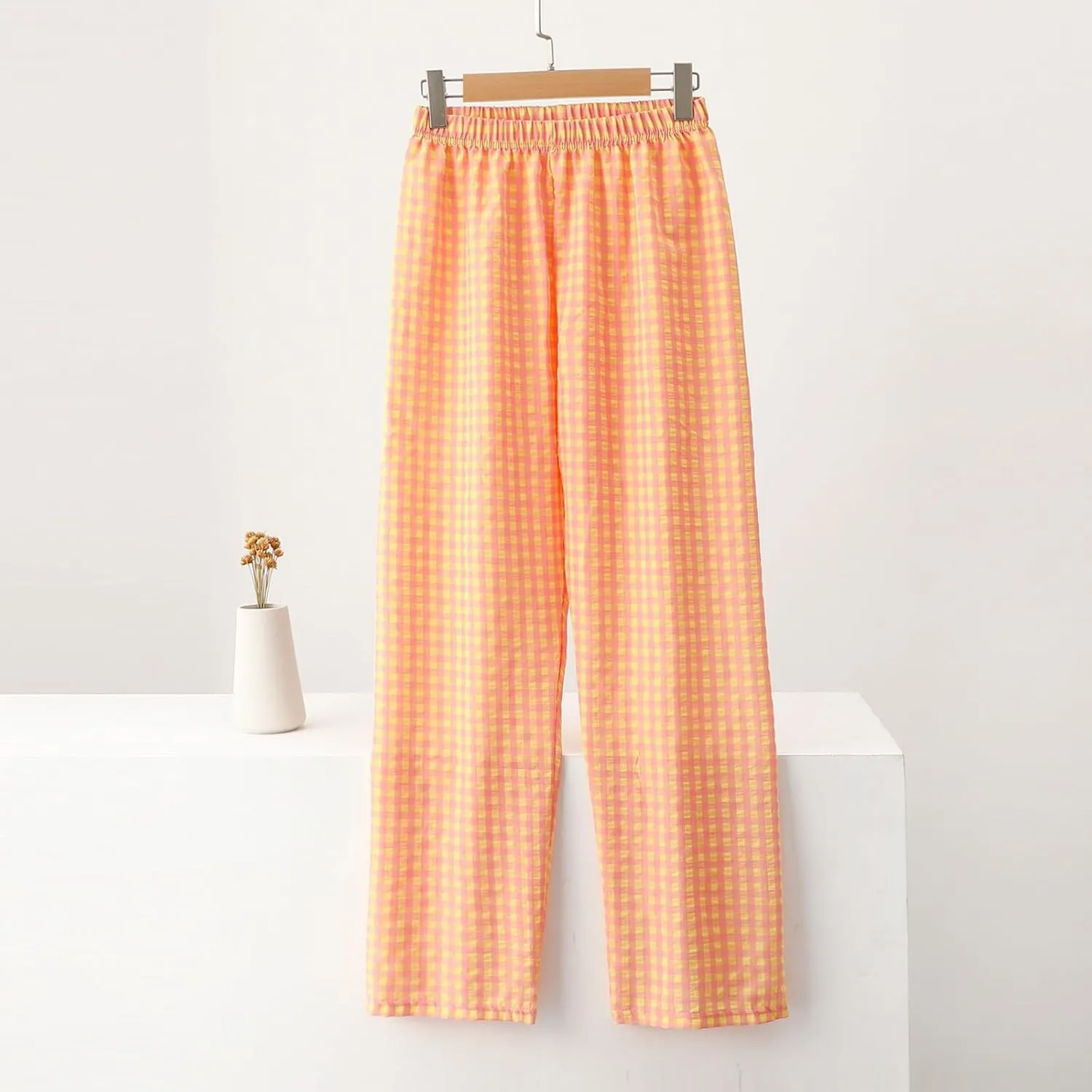 Women's Plaid Wide Leg Pants Trendy Flowy Elastic High Waist Palazzo Pants Lightweight Stretchy Soft Baggy Trousers
