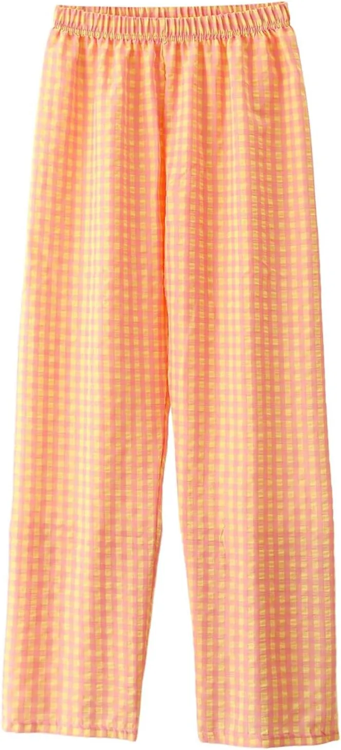 Women's Plaid Wide Leg Pants Trendy Flowy Elastic High Waist Palazzo Pants Lightweight Stretchy Soft Baggy Trousers