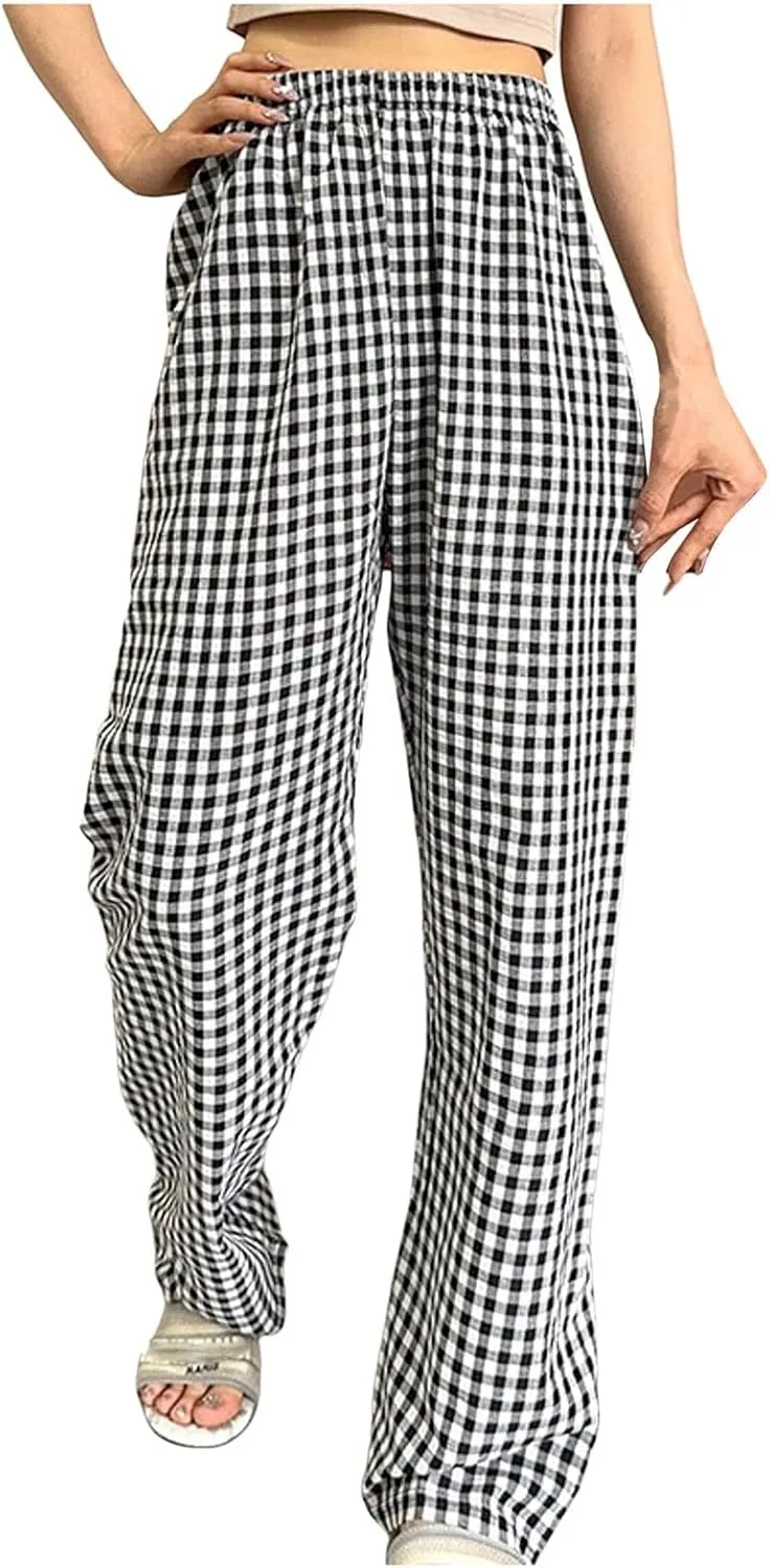 Women's Plaid Wide Leg Pants Trendy Flowy Elastic High Waist Palazzo Pants Lightweight Stretchy Soft Baggy Trousers