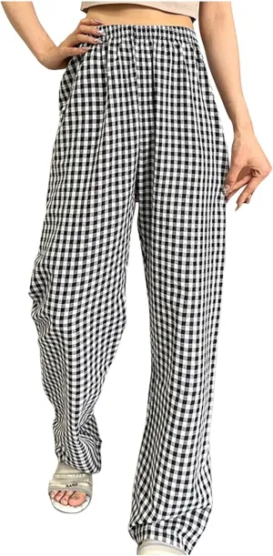 Women's Plaid Wide Leg Pants Trendy Flowy Elastic High Waist Palazzo Pants Lightweight Stretchy Soft Baggy Trousers