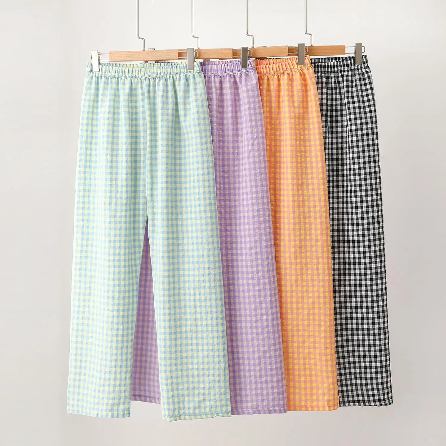 Women's Plaid Wide Leg Pants Trendy Flowy Elastic High Waist Palazzo Pants Lightweight Stretchy Soft Baggy Trousers