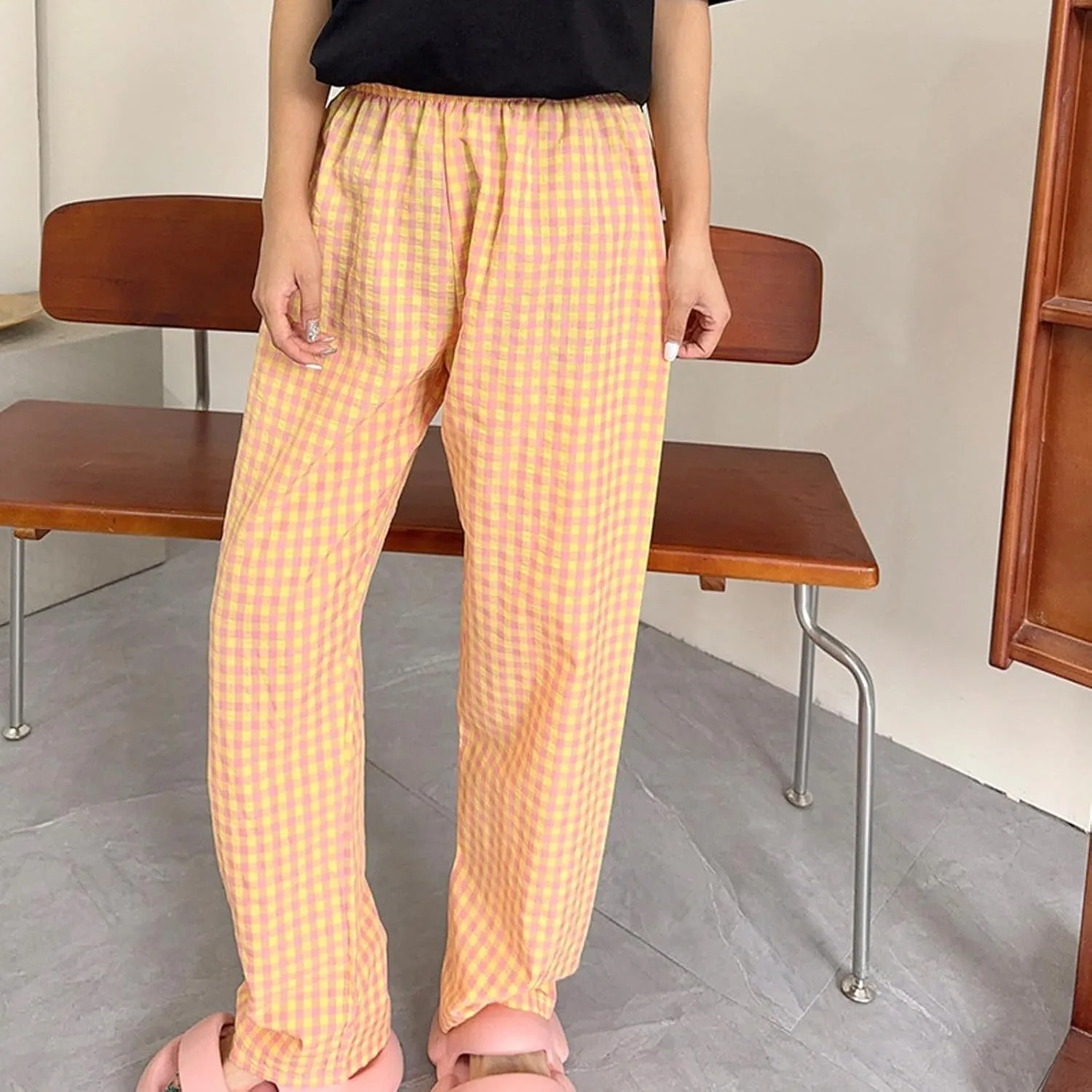 Women's Plaid Wide Leg Pants Trendy Flowy Elastic High Waist Palazzo Pants Lightweight Stretchy Soft Baggy Trousers