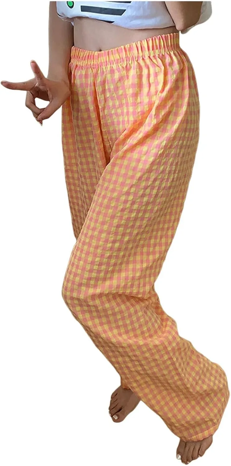 Women's Plaid Wide Leg Pants Trendy Flowy Elastic High Waist Palazzo Pants Lightweight Stretchy Soft Baggy Trousers