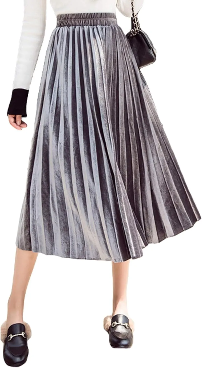 Women's Pleated Skirts Elastic-Waist Velvet Flared Maxi Swing Midiskirts