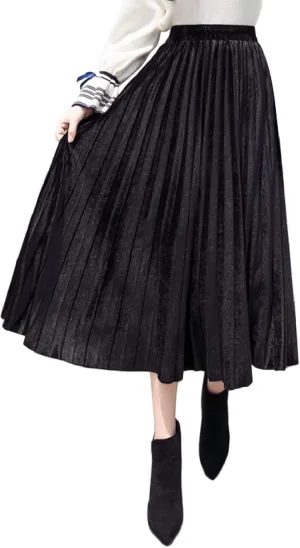 Women's Pleated Skirts Elastic-Waist Velvet Flared Maxi Swing Midiskirts