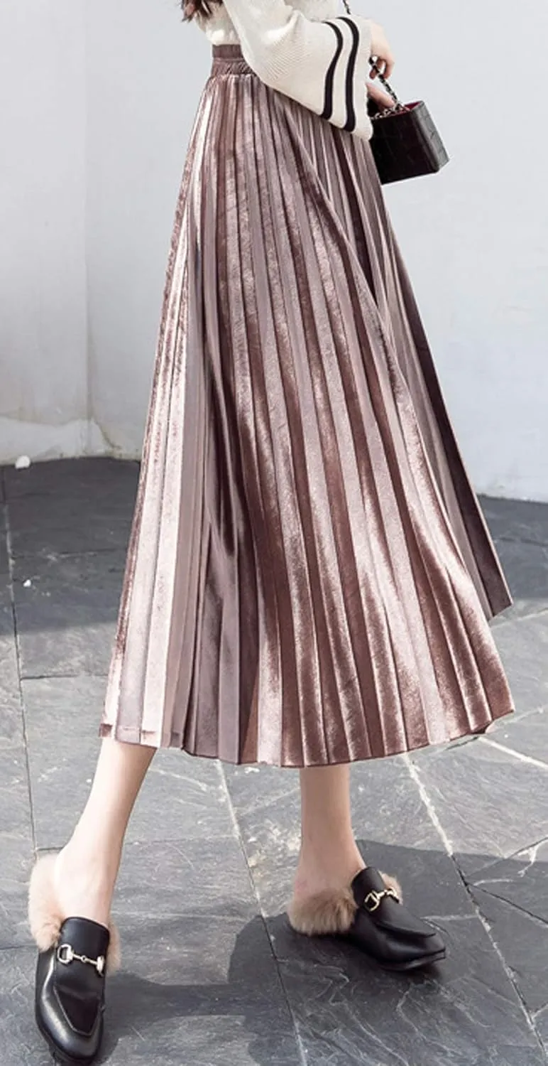 Women's Pleated Skirts Elastic-Waist Velvet Flared Maxi Swing Midiskirts