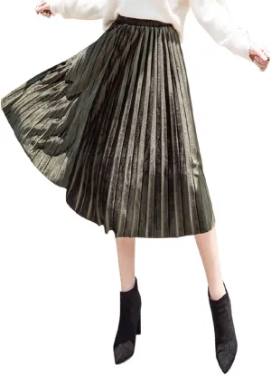 Women's Pleated Skirts Elastic-Waist Velvet Flared Maxi Swing Midiskirts