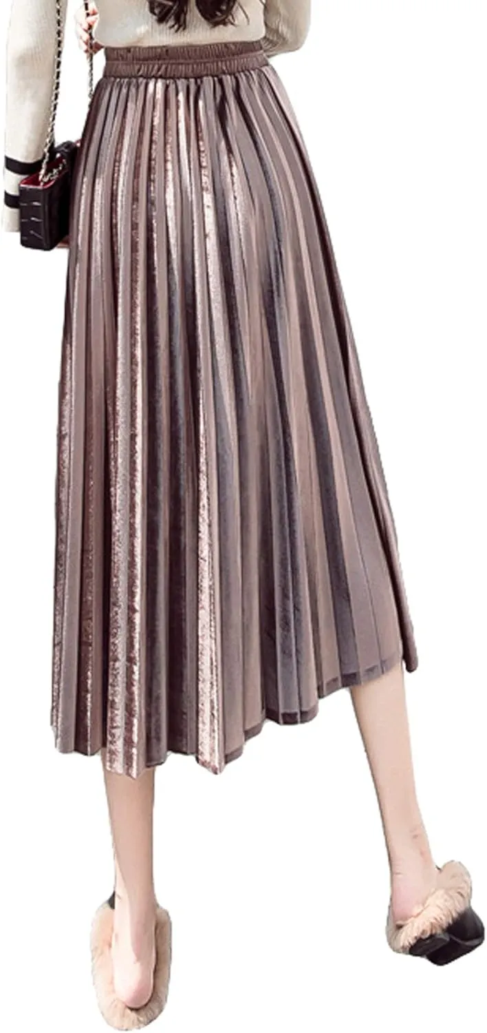 Women's Pleated Skirts Elastic-Waist Velvet Flared Maxi Swing Midiskirts