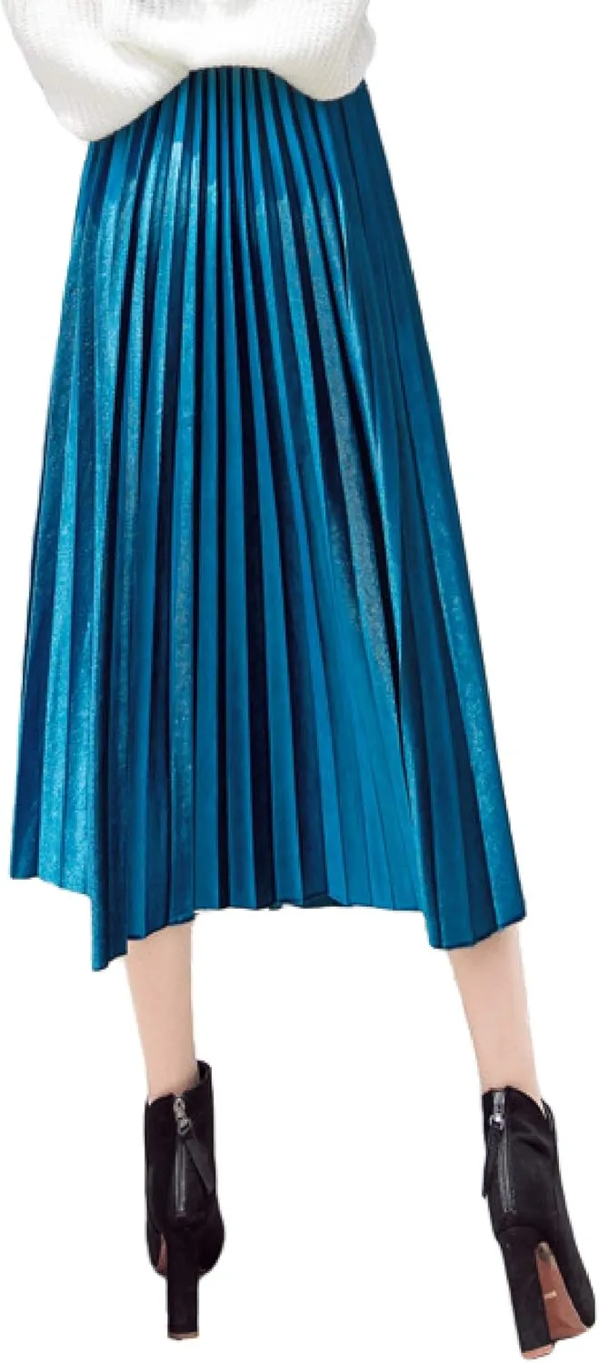 Women's Pleated Skirts Elastic-Waist Velvet Flared Maxi Swing Midiskirts