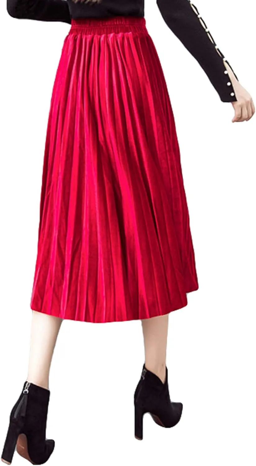 Women's Pleated Skirts Elastic-Waist Velvet Flared Maxi Swing Midiskirts