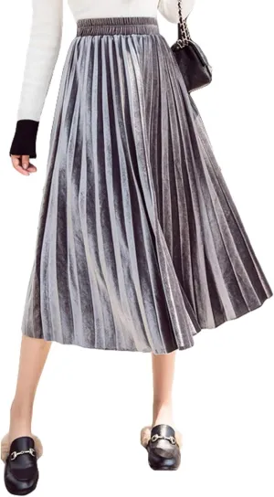 Women's Pleated Skirts Elastic-Waist Velvet Flared Maxi Swing Midiskirts
