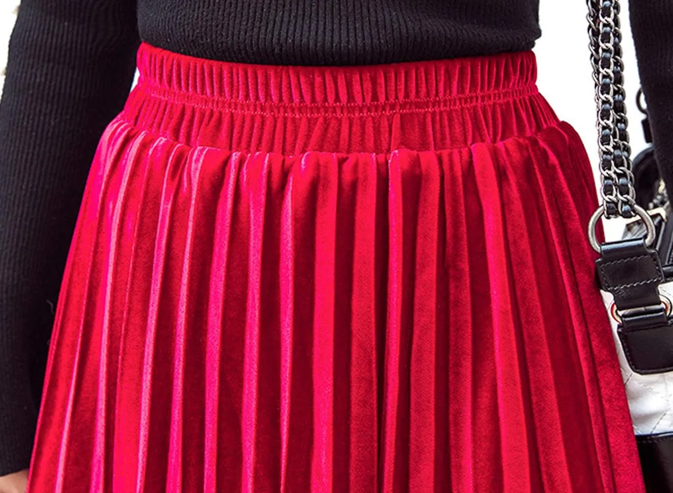 Women's Pleated Skirts Elastic-Waist Velvet Flared Maxi Swing Midiskirts
