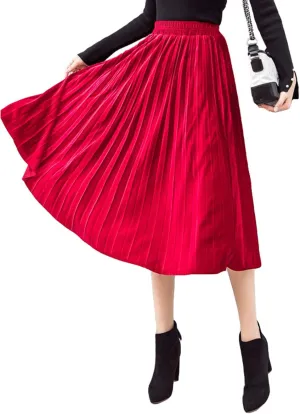 Women's Pleated Skirts Elastic-Waist Velvet Flared Maxi Swing Midiskirts