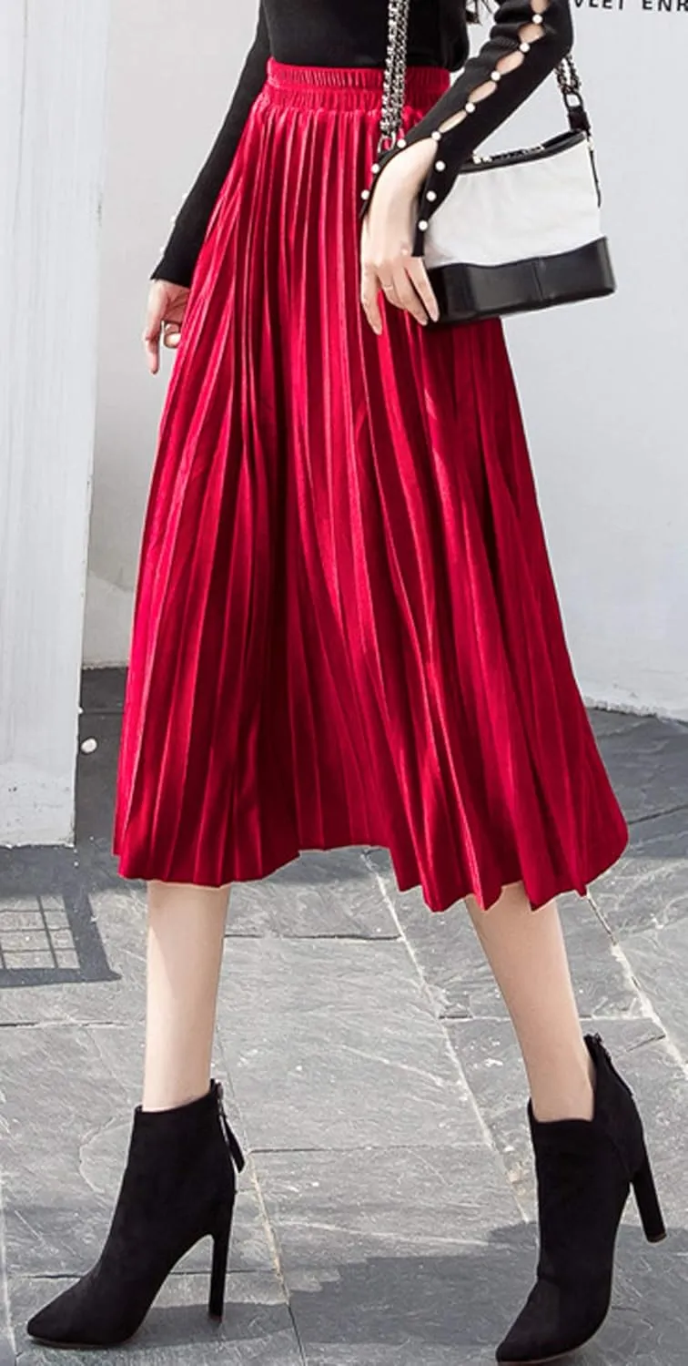 Women's Pleated Skirts Elastic-Waist Velvet Flared Maxi Swing Midiskirts