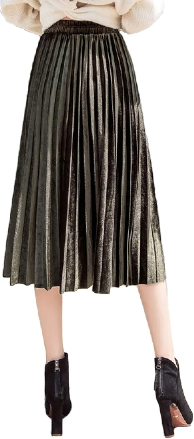 Women's Pleated Skirts Elastic-Waist Velvet Flared Maxi Swing Midiskirts