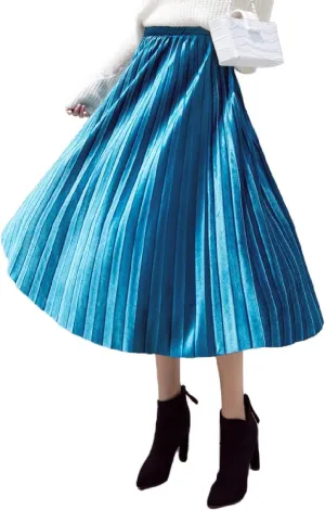 Women's Pleated Skirts Elastic-Waist Velvet Flared Maxi Swing Midiskirts