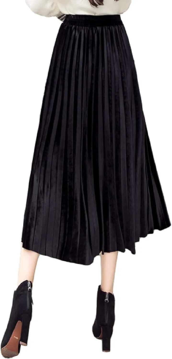 Women's Pleated Skirts Elastic-Waist Velvet Flared Maxi Swing Midiskirts