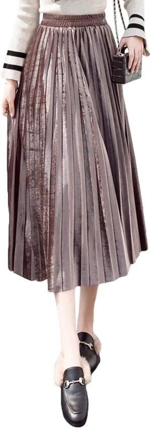 Women's Pleated Skirts Elastic-Waist Velvet Flared Maxi Swing Midiskirts