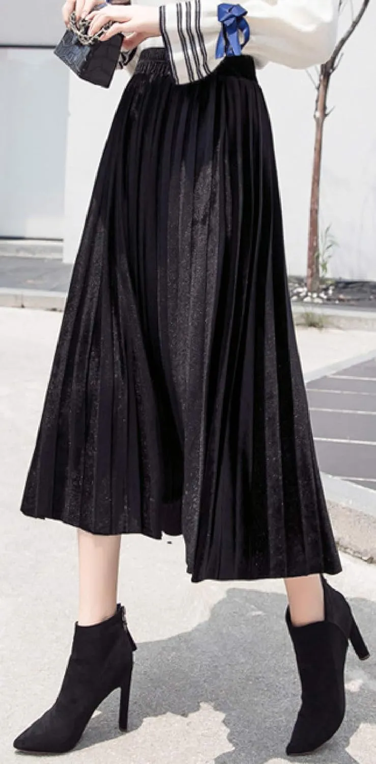 Women's Pleated Skirts Elastic-Waist Velvet Flared Maxi Swing Midiskirts