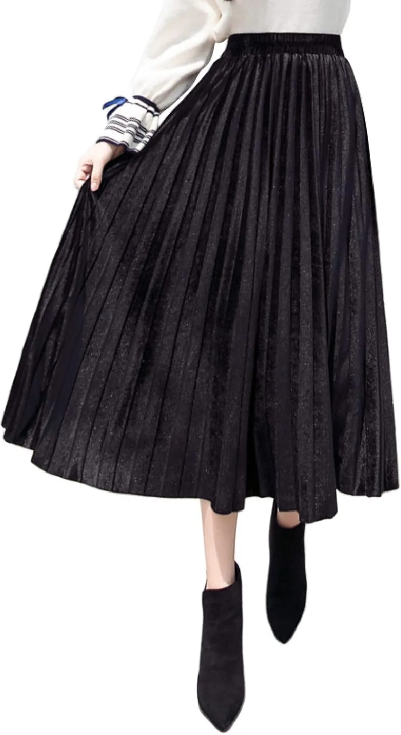 Women's Pleated Skirts Elastic-Waist Velvet Flared Maxi Swing Midiskirts