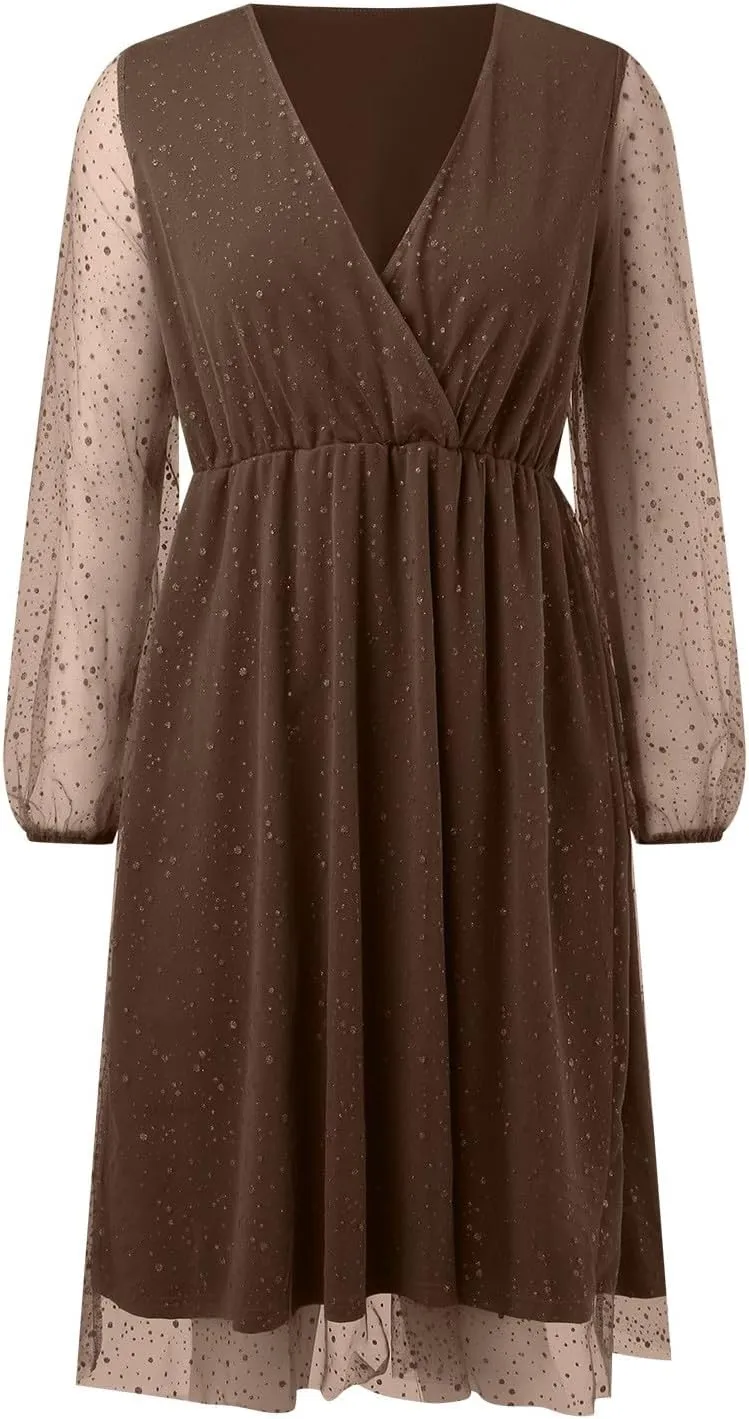 Womens Plus Size Lace Midi Dress V Neck Wrap Long Sleeve Flowy A line Cocktail Dresses for Wedding Guest