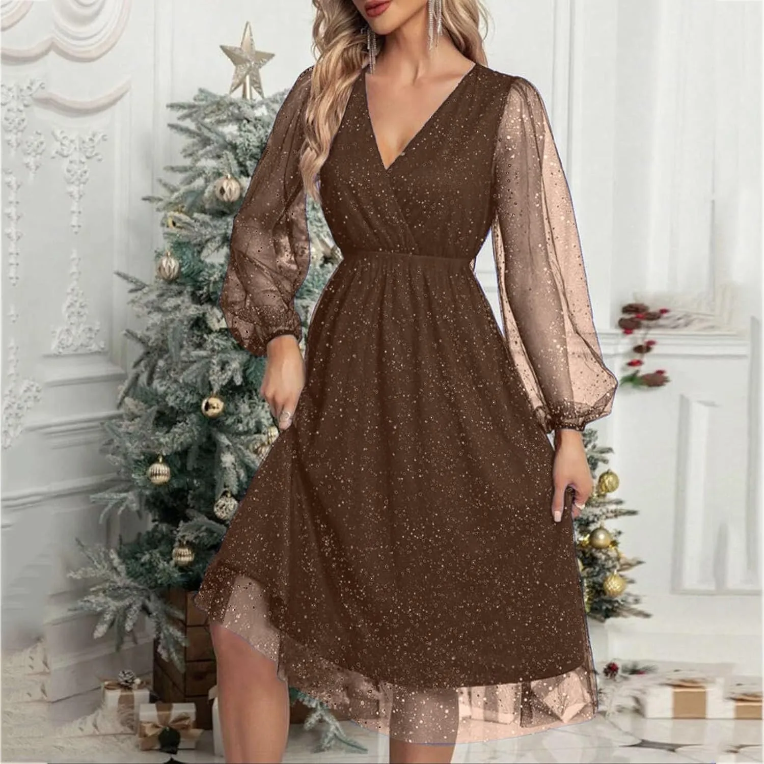 Womens Plus Size Lace Midi Dress V Neck Wrap Long Sleeve Flowy A line Cocktail Dresses for Wedding Guest