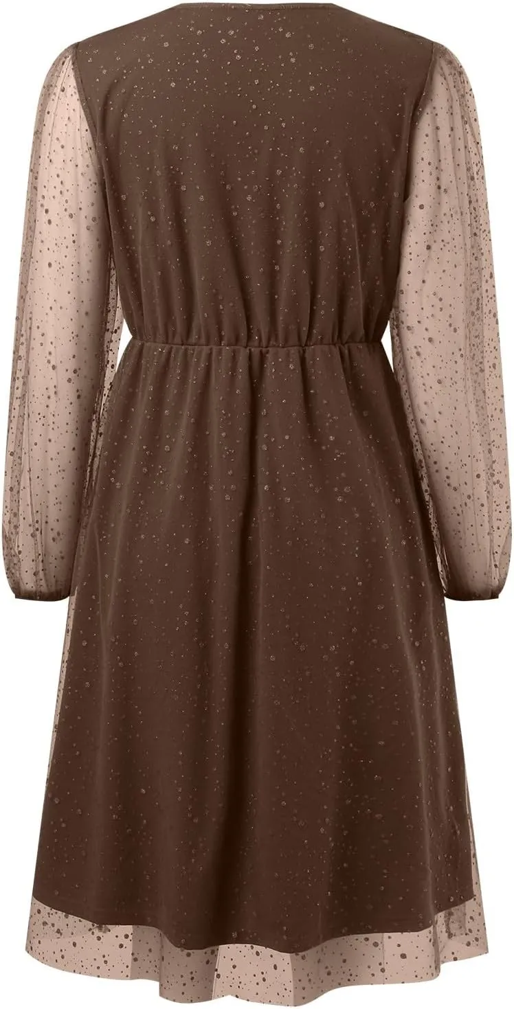 Womens Plus Size Lace Midi Dress V Neck Wrap Long Sleeve Flowy A line Cocktail Dresses for Wedding Guest