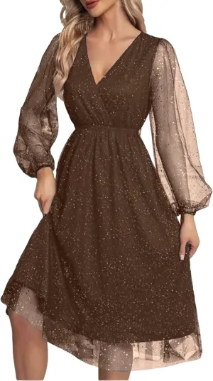 Womens Plus Size Lace Midi Dress V Neck Wrap Long Sleeve Flowy A line Cocktail Dresses for Wedding Guest
