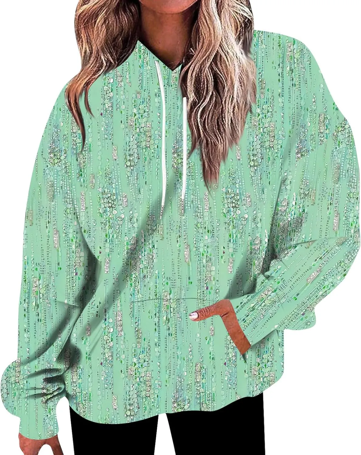 Women's Pullover Sweaters Long Sleeve Printed Sweatshirt Graphic Drawstring Top Hoodie Fall Outfits with Pocket