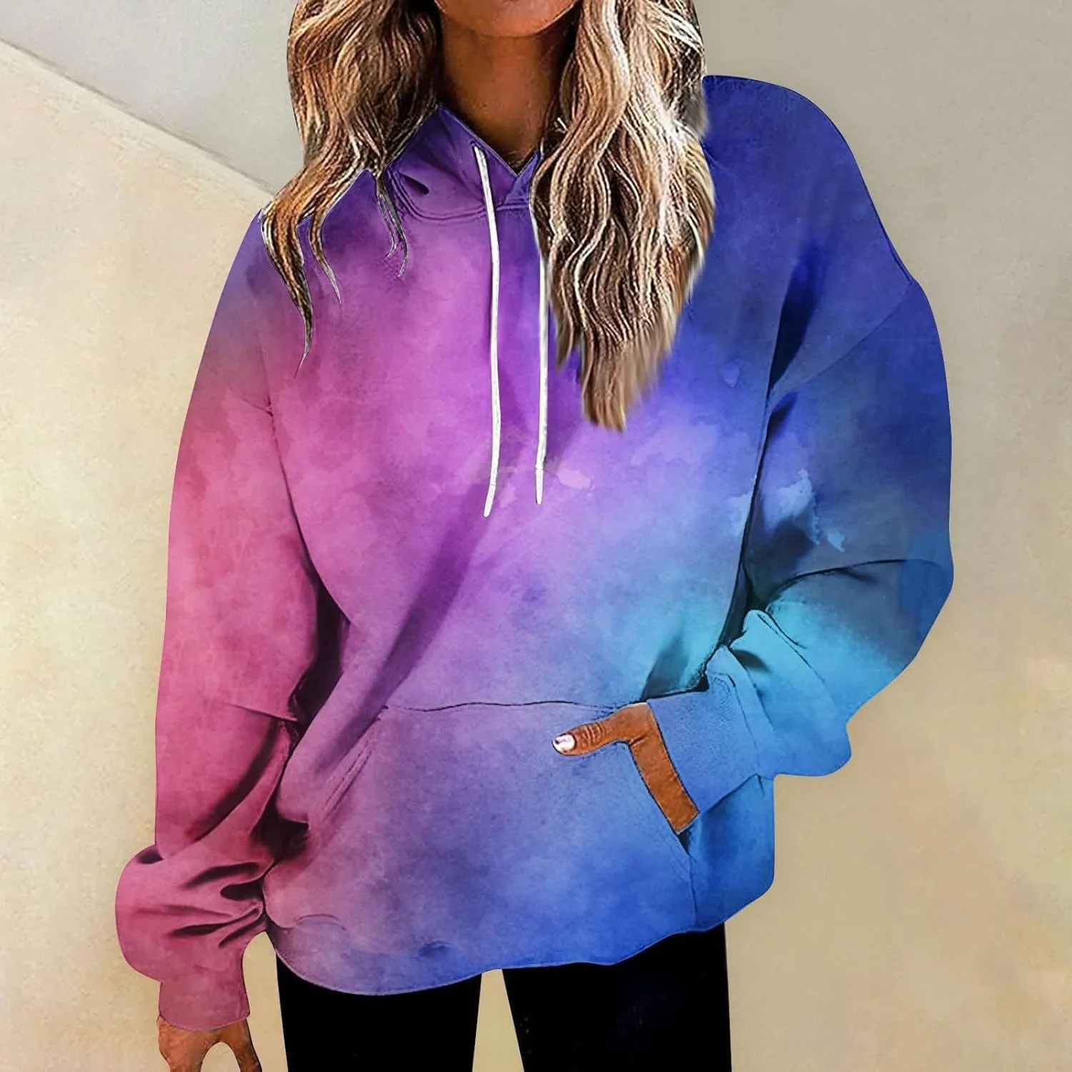 Women's Pullover Sweaters Long Sleeve Printed Sweatshirt Graphic Drawstring Top Hoodie Fall Outfits with Pocket