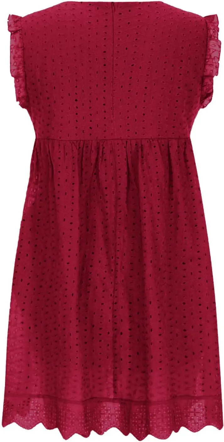 Women's Ruffle Sleeve Mini Dress Summer V Neck Hollow Out Eyelet Embroidery Pleated A Line Swing Short Dresses