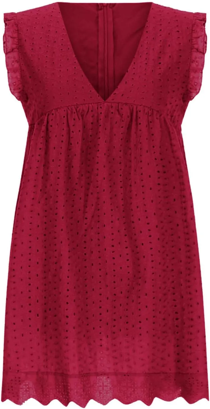 Women's Ruffle Sleeve Mini Dress Summer V Neck Hollow Out Eyelet Embroidery Pleated A Line Swing Short Dresses