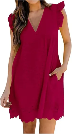 Women's Ruffle Sleeve Mini Dress Summer V Neck Hollow Out Eyelet Embroidery Pleated A Line Swing Short Dresses
