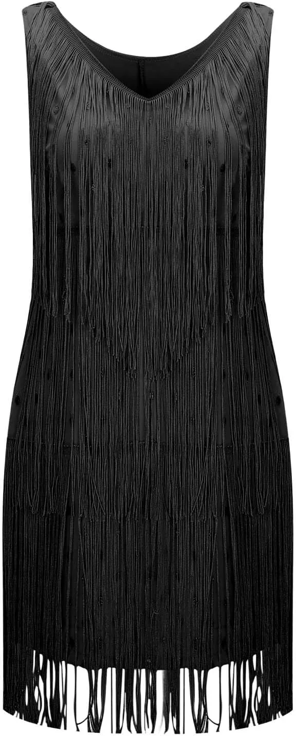 Womens Sequin Fringe Dress Spring Casual Disco Mini Dresses Sleeveless V Neck Dance Club Wear Swing Party Short Skirt