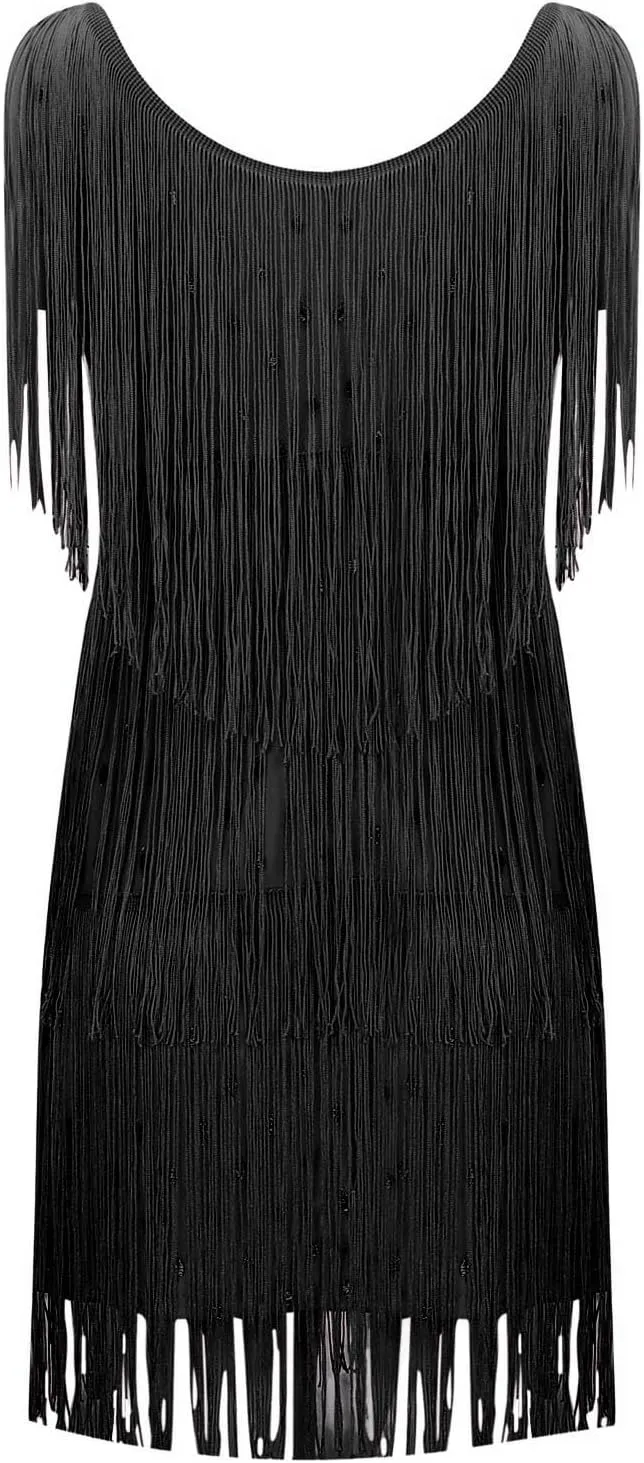 Womens Sequin Fringe Dress Spring Casual Disco Mini Dresses Sleeveless V Neck Dance Club Wear Swing Party Short Skirt
