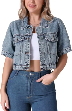 Women's Short Sleeve Denim Jacket Button Down Trucker Jacket Y2K Cropped Jean Jackets
