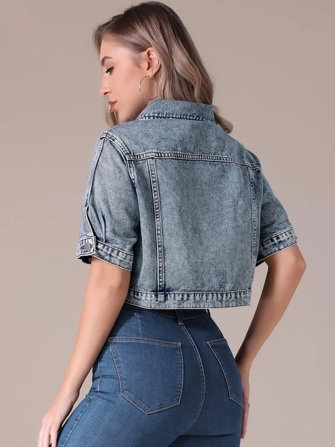 Women's Short Sleeve Denim Jacket Button Down Trucker Jacket Y2K Cropped Jean Jackets