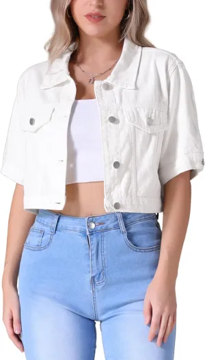 Women's Short Sleeve Denim Jacket Button Down Trucker Jacket Y2K Cropped Jean Jackets
