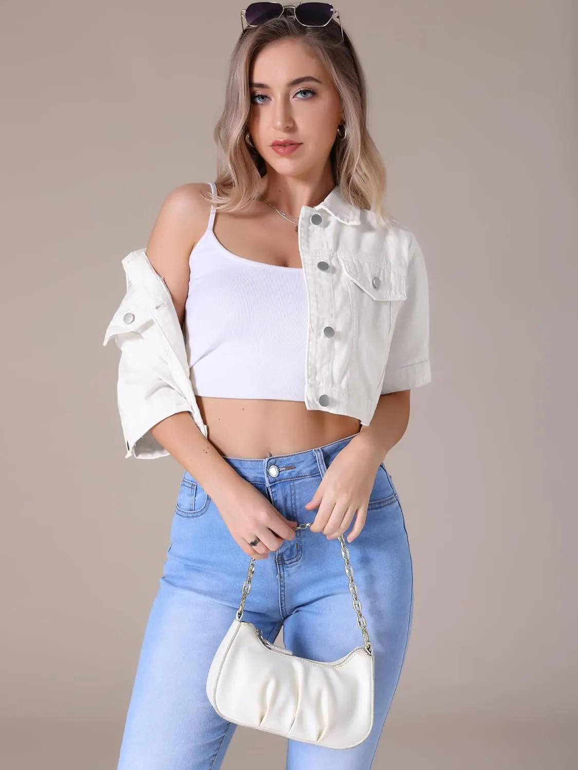 Women's Short Sleeve Denim Jacket Button Down Trucker Jacket Y2K Cropped Jean Jackets