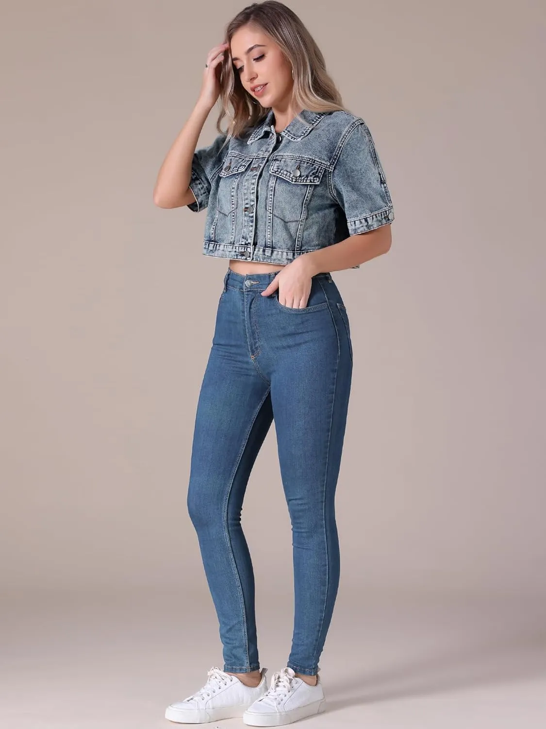 Women's Short Sleeve Denim Jacket Button Down Trucker Jacket Y2K Cropped Jean Jackets