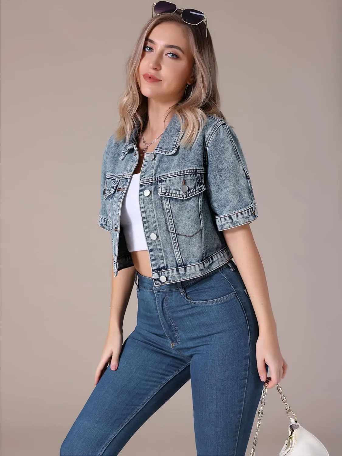 Women's Short Sleeve Denim Jacket Button Down Trucker Jacket Y2K Cropped Jean Jackets