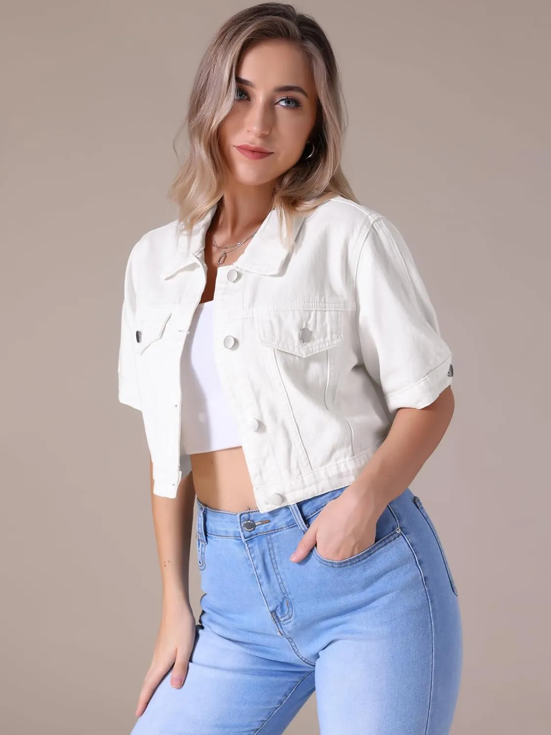 Women's Short Sleeve Denim Jacket Button Down Trucker Jacket Y2K Cropped Jean Jackets