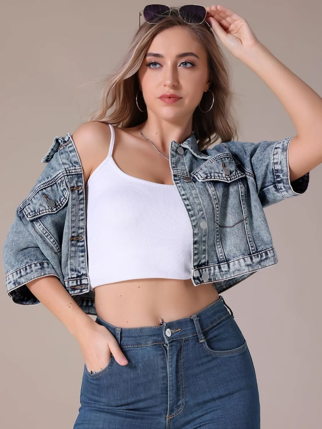 Women's Short Sleeve Denim Jacket Button Down Trucker Jacket Y2K Cropped Jean Jackets