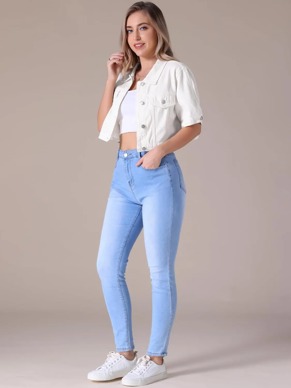 Women's Short Sleeve Denim Jacket Button Down Trucker Jacket Y2K Cropped Jean Jackets