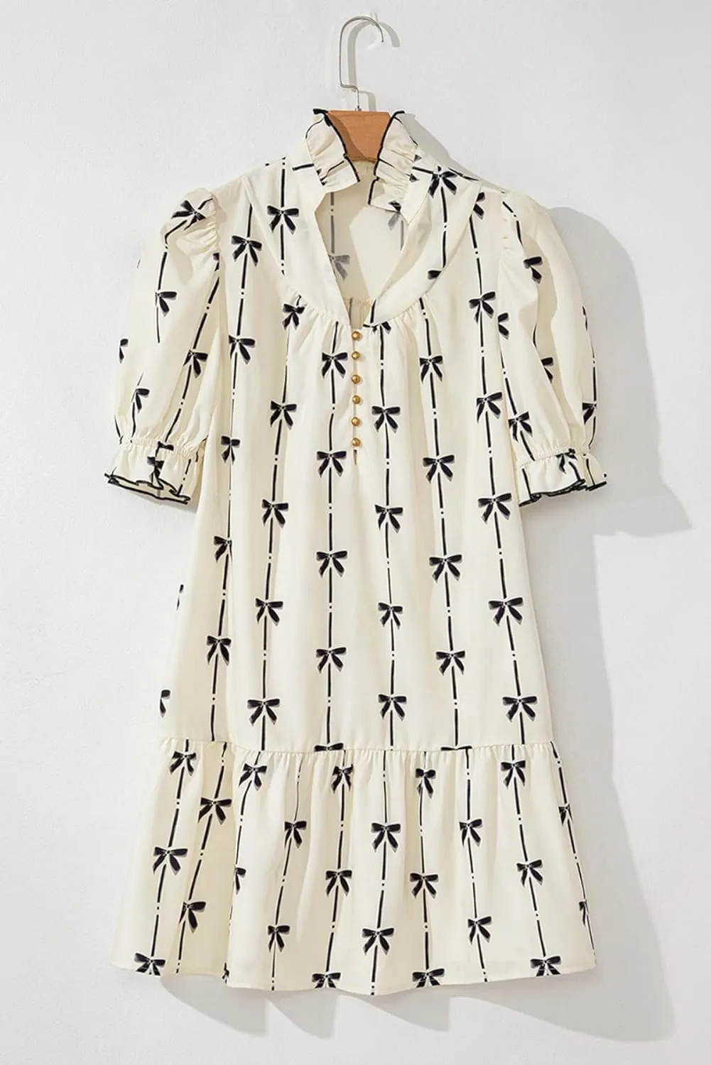 Women's Short Sleeve Floral Print Mini Dress, V-Neck Button Front, White with Black Bow Pattern, Ruffle Hem