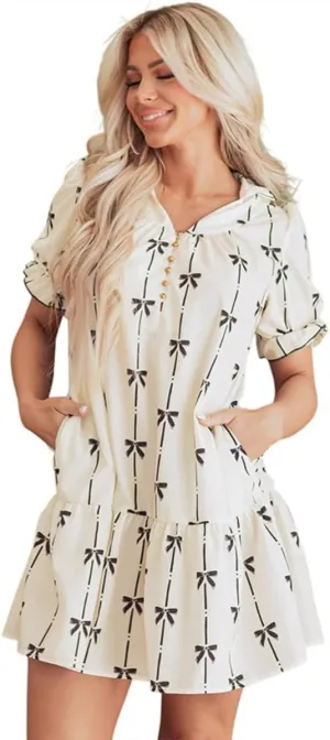 Women's Short Sleeve Floral Print Mini Dress, V-Neck Button Front, White with Black Bow Pattern, Ruffle Hem