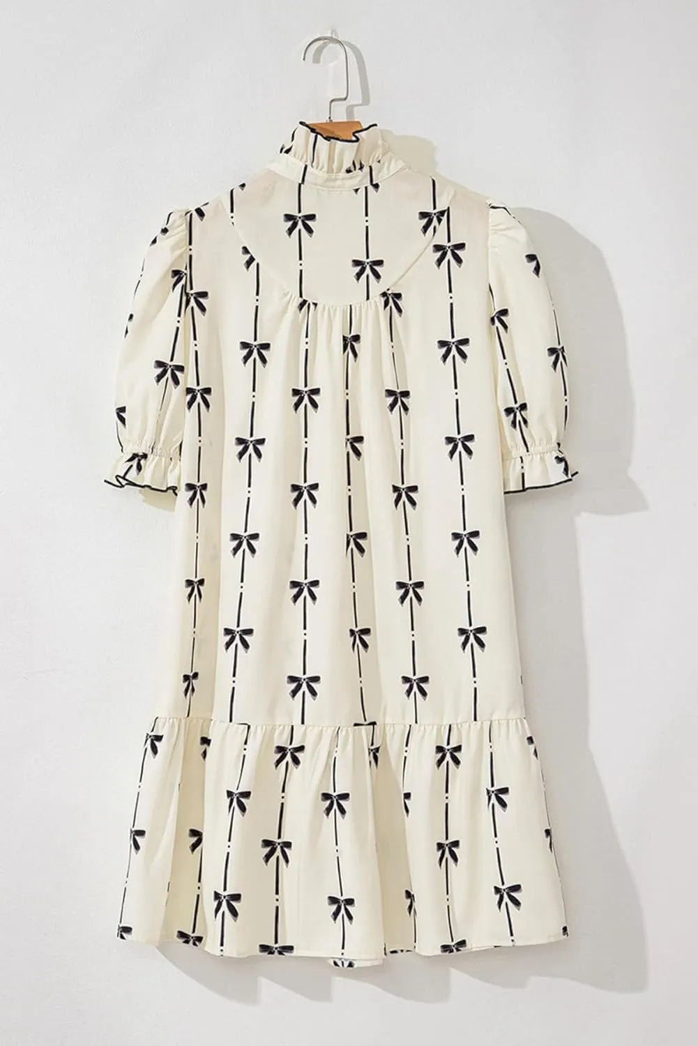 Women's Short Sleeve Floral Print Mini Dress, V-Neck Button Front, White with Black Bow Pattern, Ruffle Hem