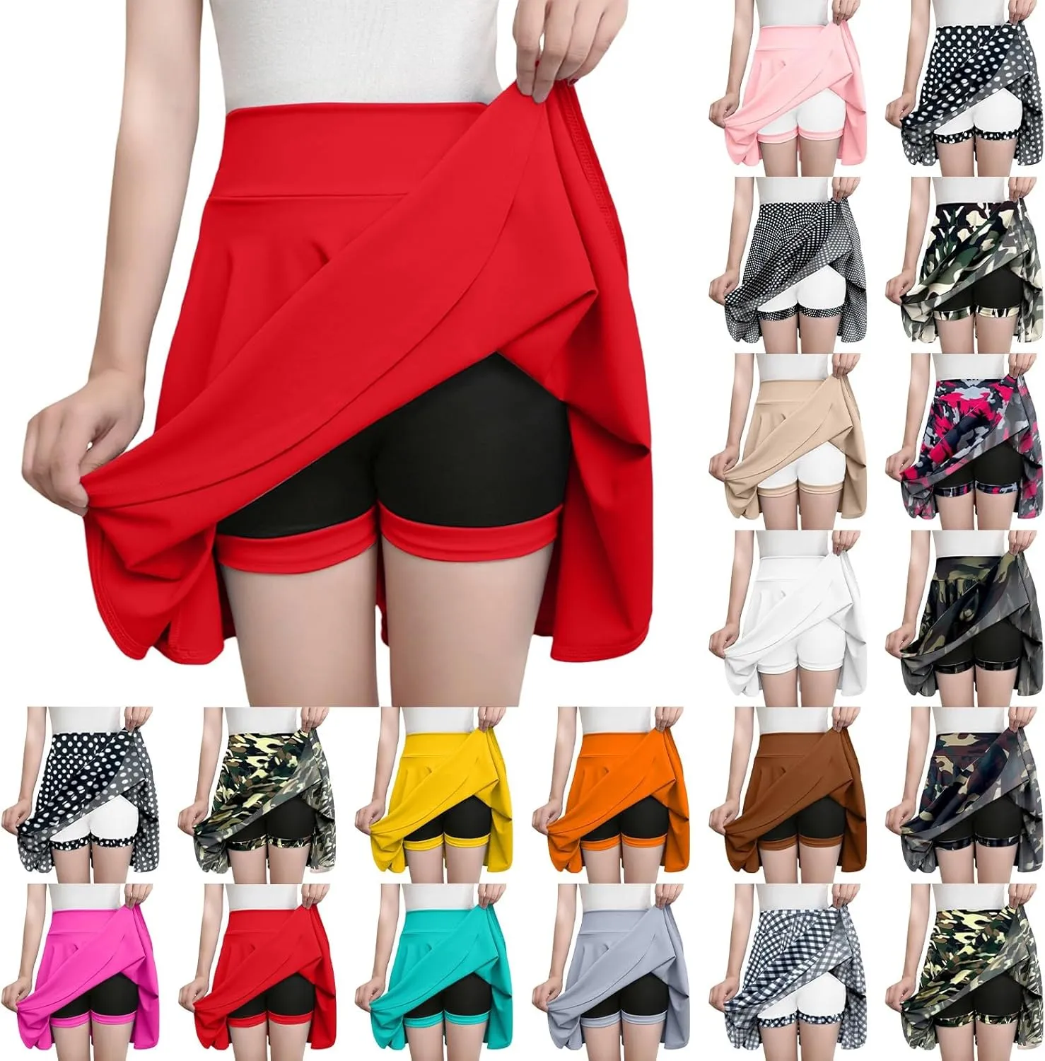 Women's Skort with Built-in Shorts 2025 Fashion Casual Stretchy Pleated High Waisted Flared Mini Tennis Skater Skirt